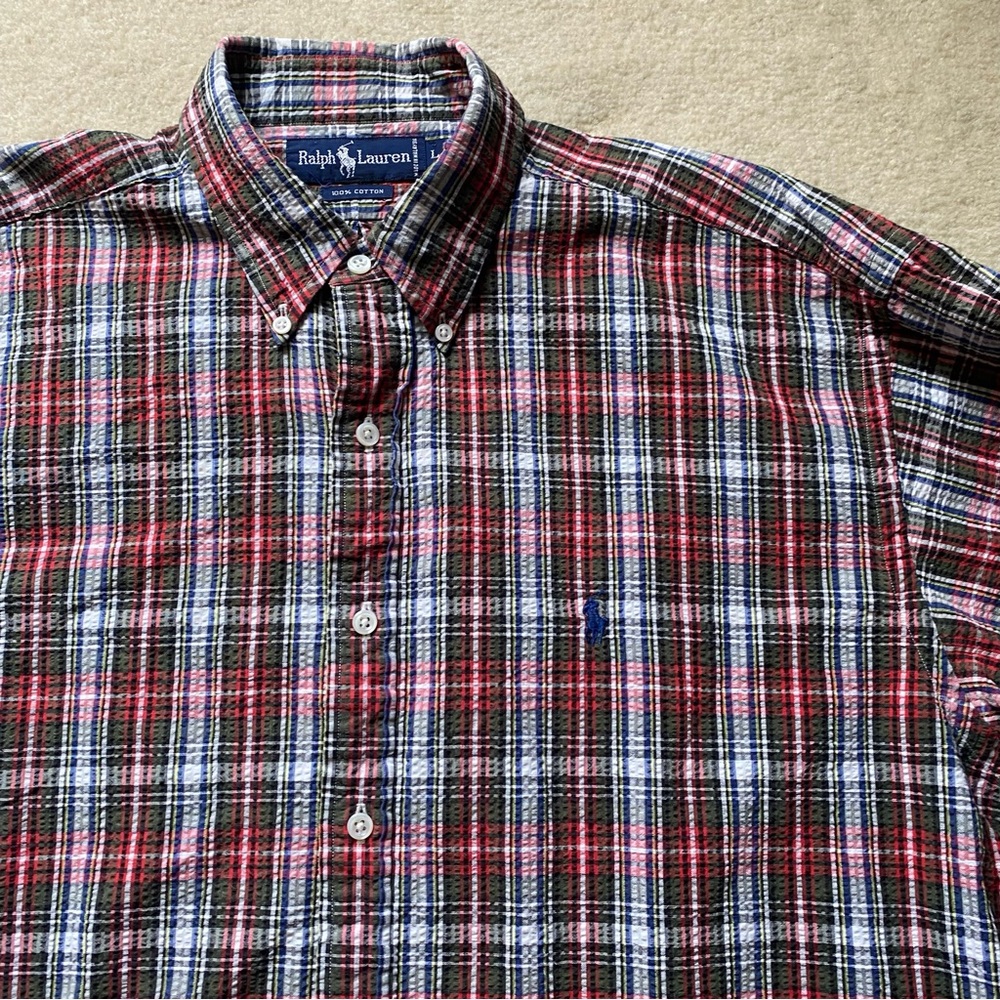 Ralph Lauren Shirt Mens Large Green Red Plaid Seersucker Classic Fit Long Sleeve
